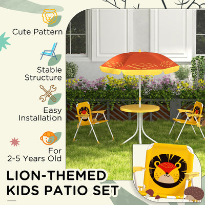 Outsunny Kids Picnic Table and Chair Set, Lion Themed Outdoor Garden Furniture w/ Foldable Chairs, Adjustable Parasol - Yellow 