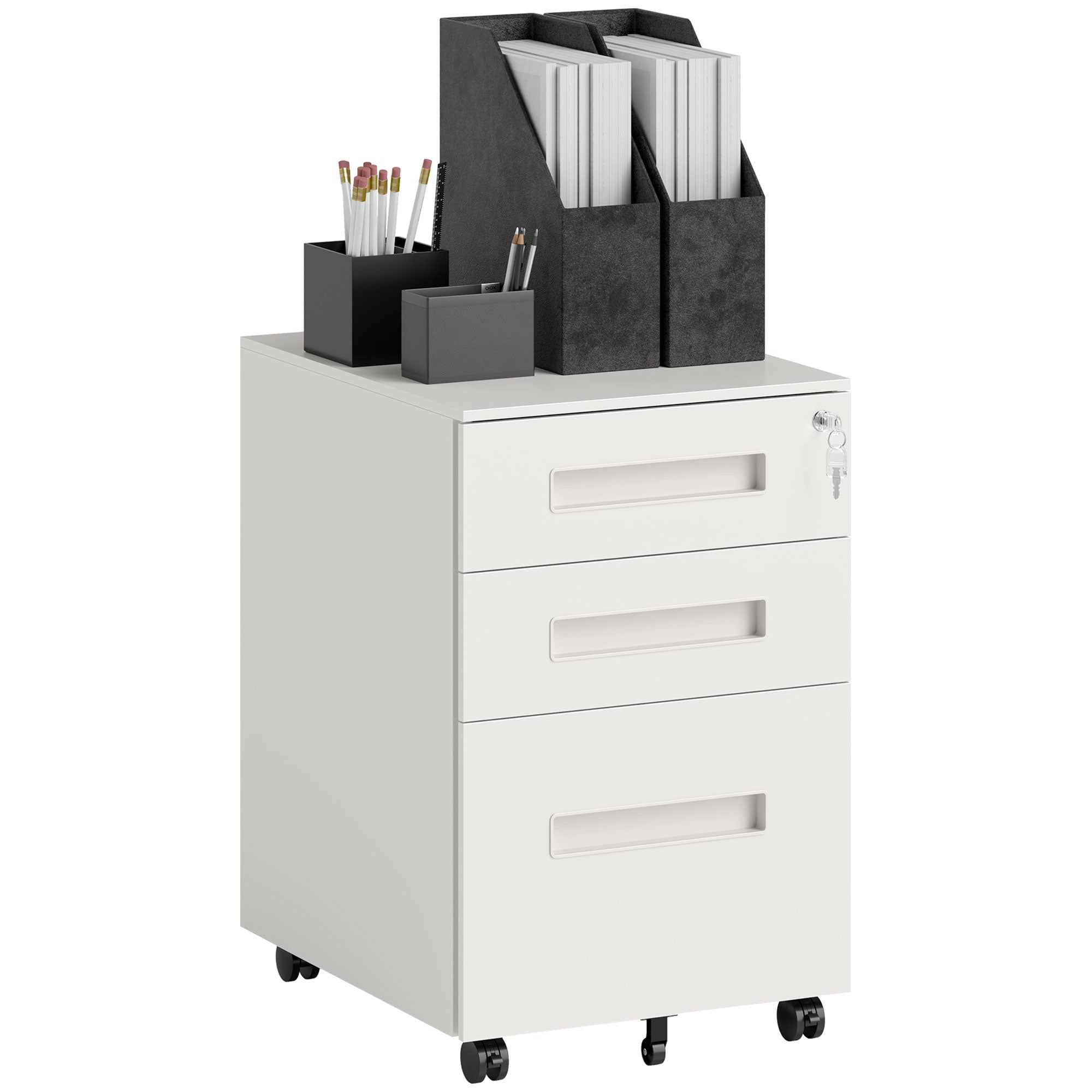 Vinsetto Metal Mobile File Cabinet with Wheels, Lockable 3 Drawer Filing Cabinet for A4, Legal, Letter, Under Desk Storage Unit with Pre-Assembled Body for Home Office, 39 x 48 x 60cm, White 