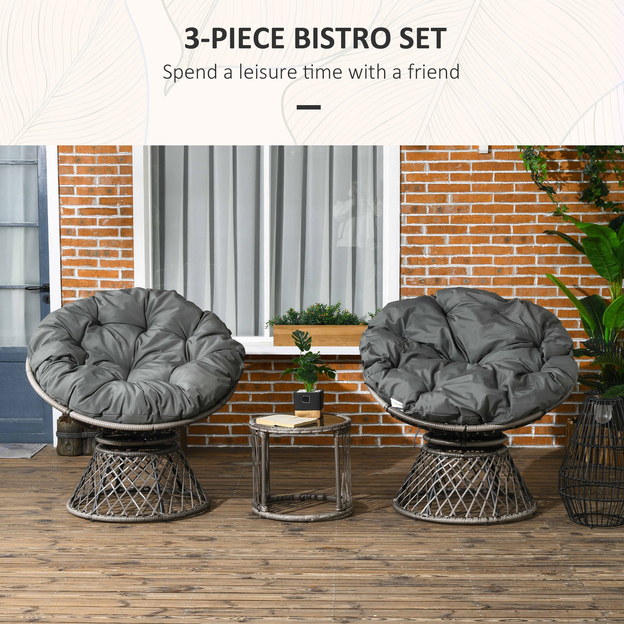 Outsunny Three-Piece Rattan Garden Moon Chair Set - Grey 