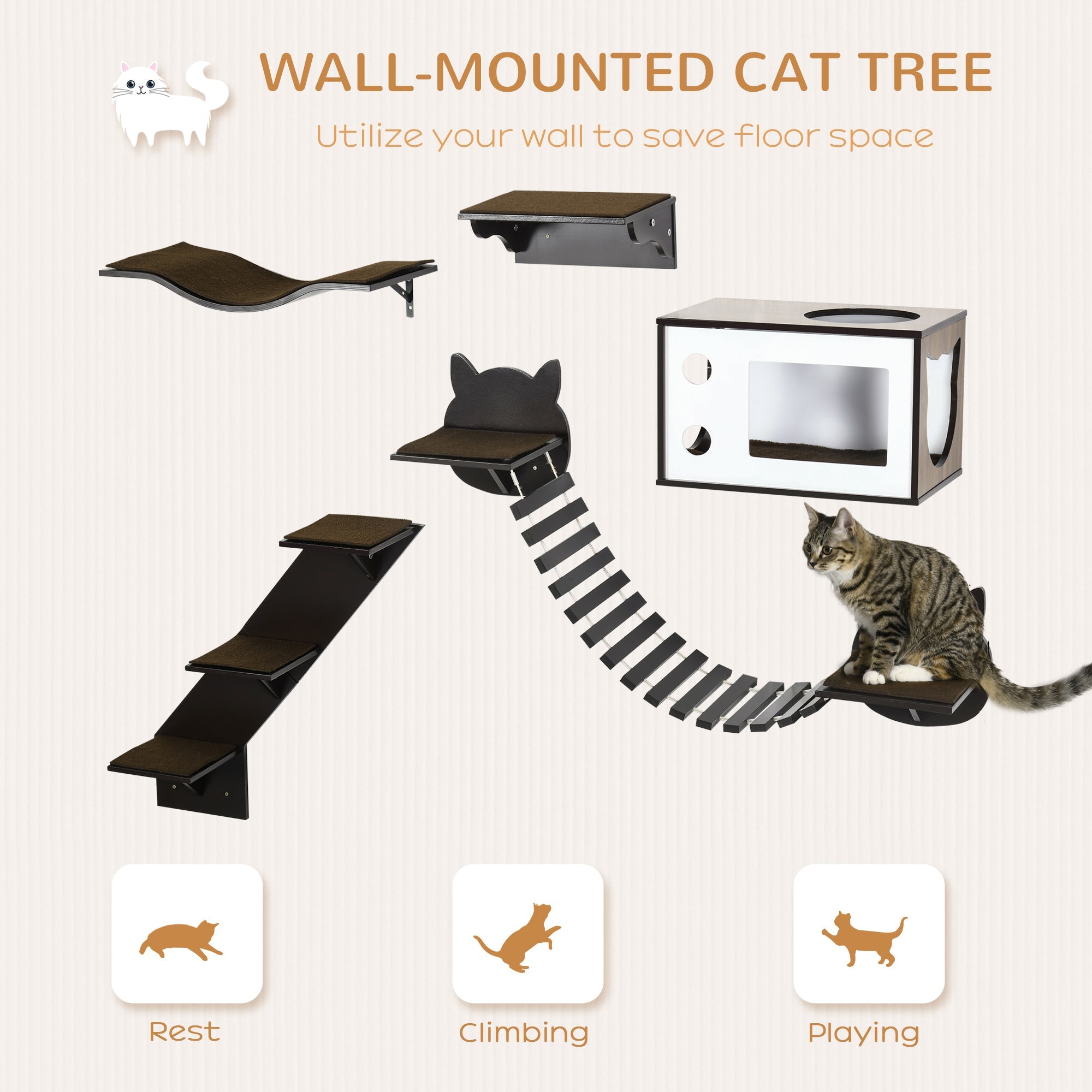 PawHut 5 Piece Cat Wall Shelves, Wall-Mounted Cat Tree for Indoor Use - Brown 