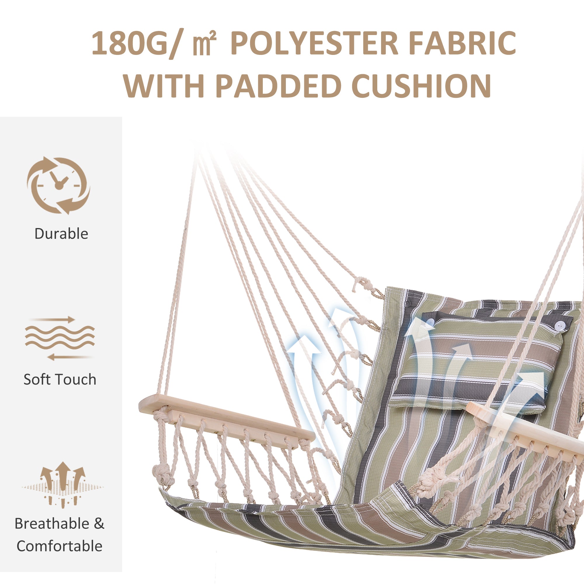 Outsunny Garden Outdoor Hanging Hammock Chair Thick Rope Frame Wooden Arms Safe Wide Seat Garden Outdoor Spot Stylish Multicoloured stripes 