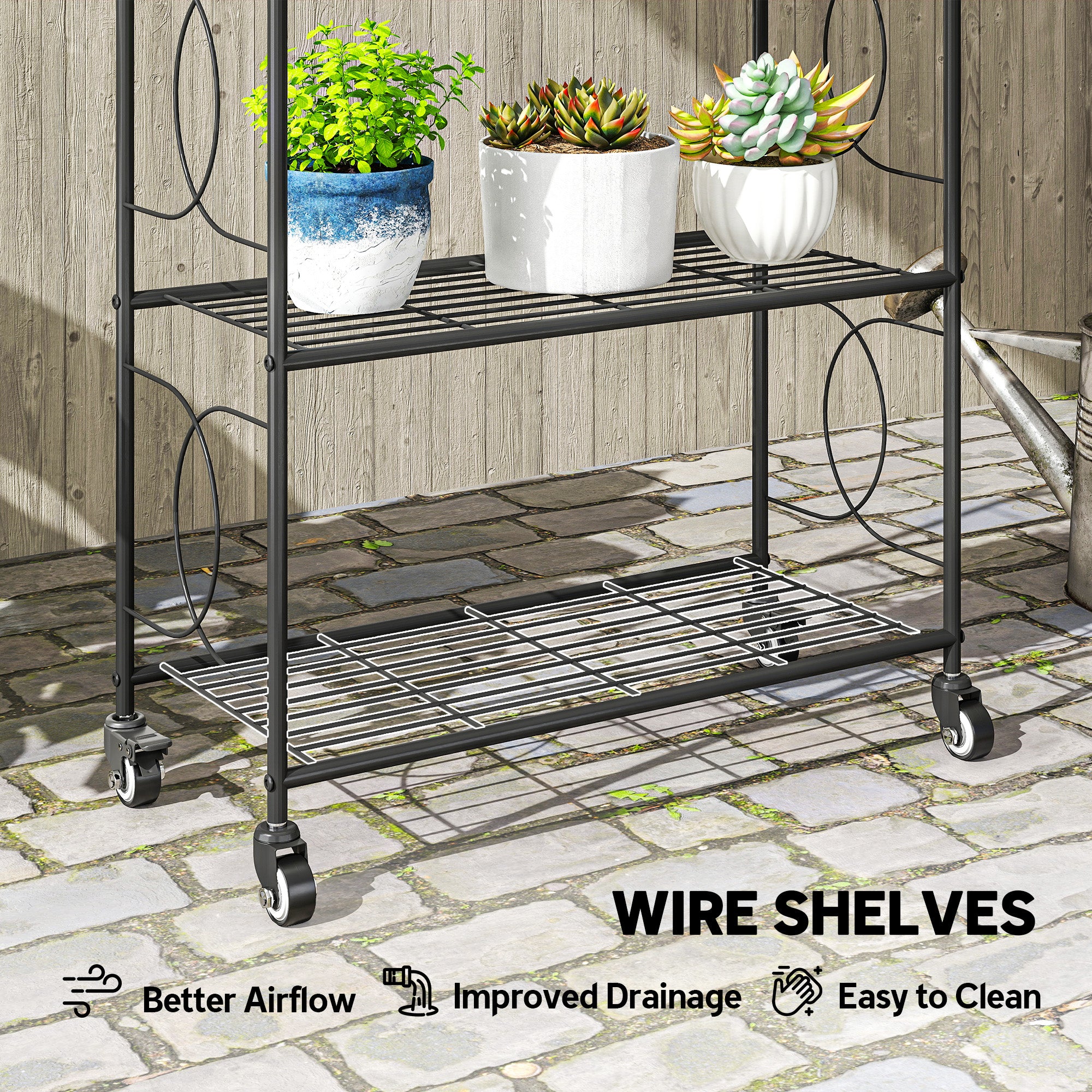 Outsunny 4-Tier Metal Plant Stand, Heavy Duty Ladder Shelf Potted Plants Display Rack with Lockable Wheels 