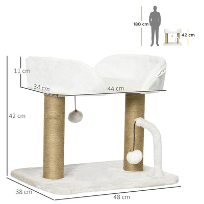 PawHut 42cm Indoor Cat Tree, with Toy Balls, Jute Scratching Post - White 