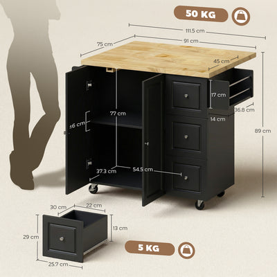 HOMCOM Kitchen Island on Wheels, Rolling Kitchen Storage Trolley with Drop Leaf, Drawers, Towel and Spice Rack, Black 
