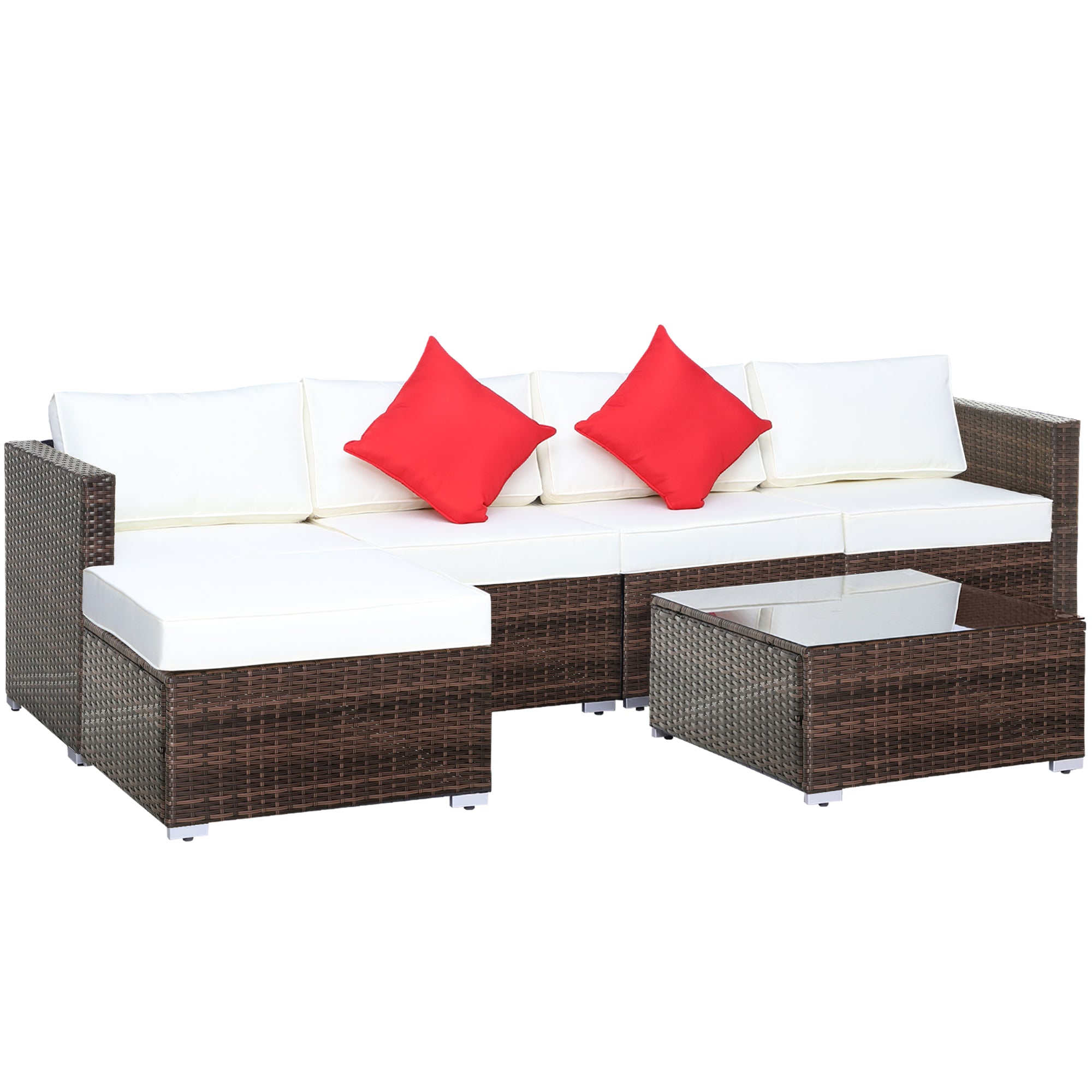 Outsunny 6 Pieces Rattan Garden Furniture Set, 5 Seater Sectional Garden Corner Sofa Set with Glass Top Coffee Table, Cushions and Pillows, All-Weather Wicker Conversation Furniture, Cream White 