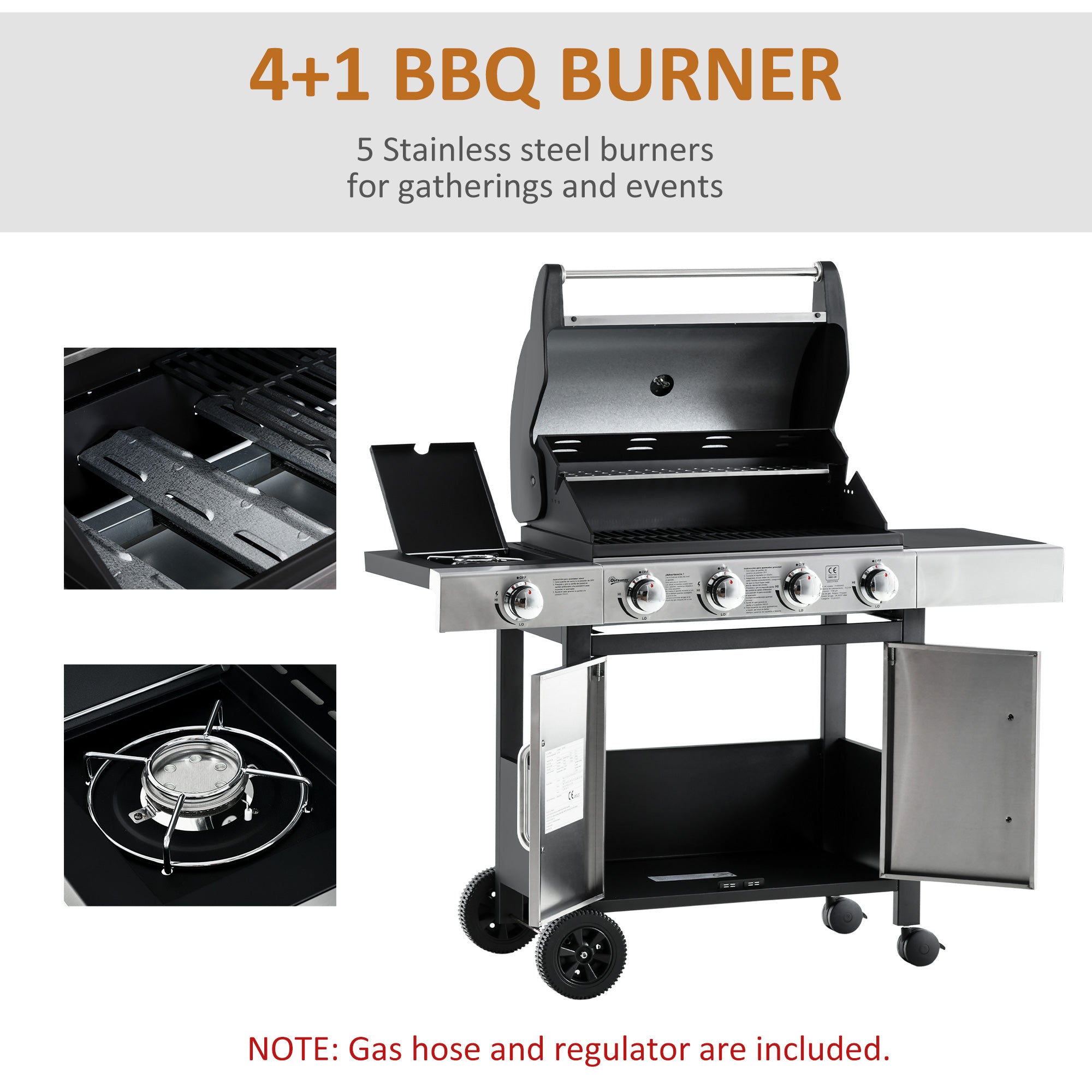Outsunny Gas Barbecue Grill 4+1 Burner Garden Smoker BBQ Trolley w/ Side Burner Warming Rack Side Shelves Storage Cabinet Piezo Ignition Thermometer Stainless Steel + Metal 