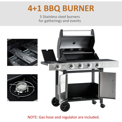 Outsunny Gas Barbecue Grill 4+1 Burner Garden Smoker BBQ Trolley w/ Side Burner Warming Rack Side Shelves Storage Cabinet Piezo Ignition Thermometer Stainless Steel + Metal 