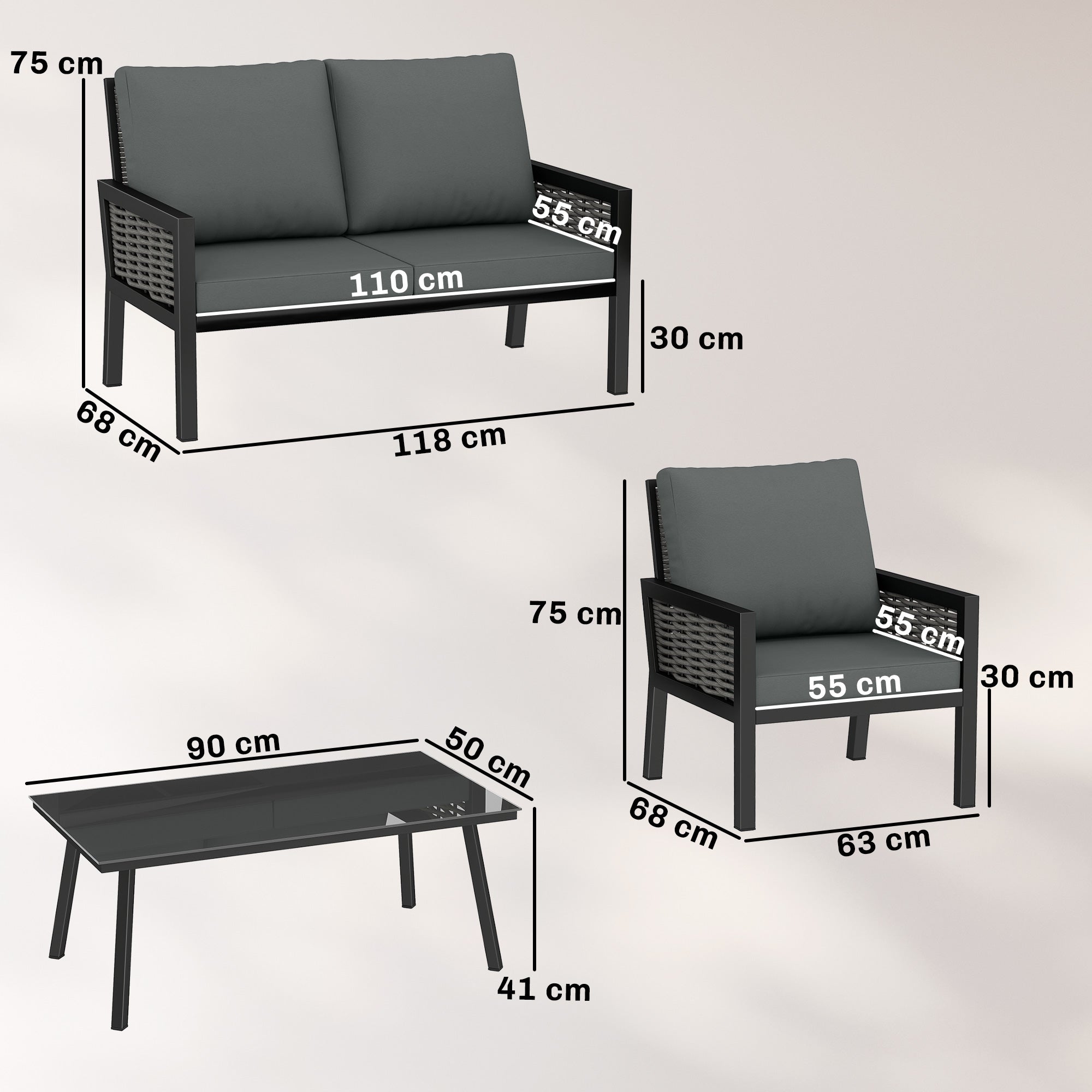 Outsunny 4 Seater Rattan Garden Furniture Set with 2 Armchairs, Loveseat, Coffee Table, Garden Sofa Set with Cushions, Dark Grey 