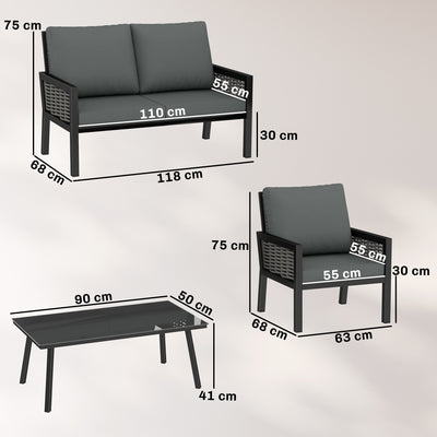 Outsunny 4 Seater Rattan Garden Furniture Set with 2 Armchairs, Loveseat, Coffee Table, Garden Sofa Set with Cushions, Dark Grey 