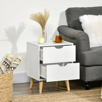 HOMCOM Bedside Table, Bedside Cabinet with 2 Drawers, Side End Table with Pine Wood Legs for Bedroom Living Room, White 