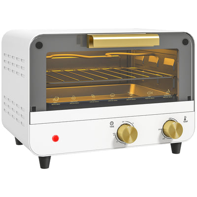 HOMCOM Small Toaster Oven, 12L Multifunction Mini Countertop Oven with Glass Door, Adjustable Temperature and Timer, Accessory Included, 750W, White 