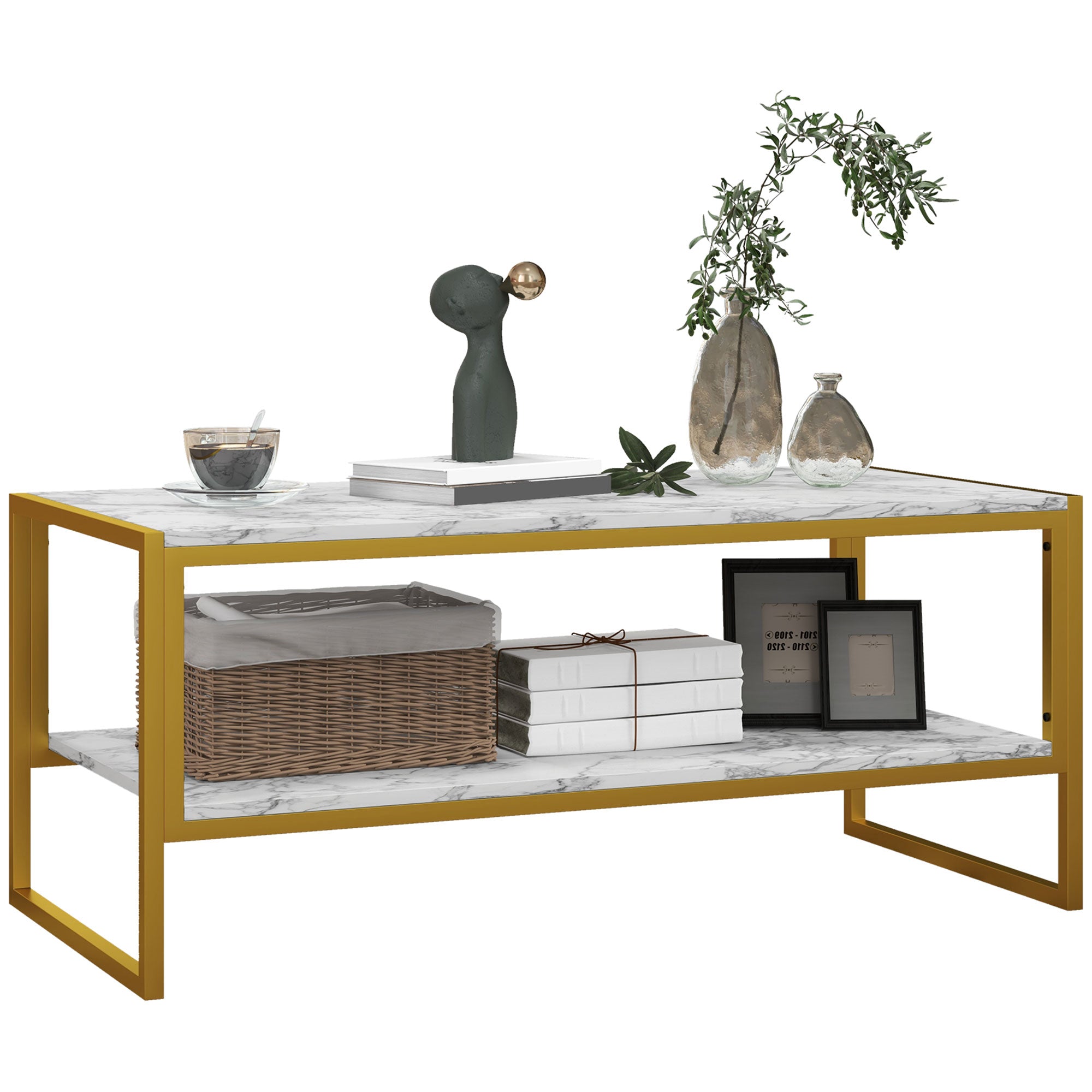 HOMCOM Coffee Table, Two-Tier Marble Centre Table with Metal Frame and Storage Shelf for Living Room, 106 x 50 x 45cm, White 