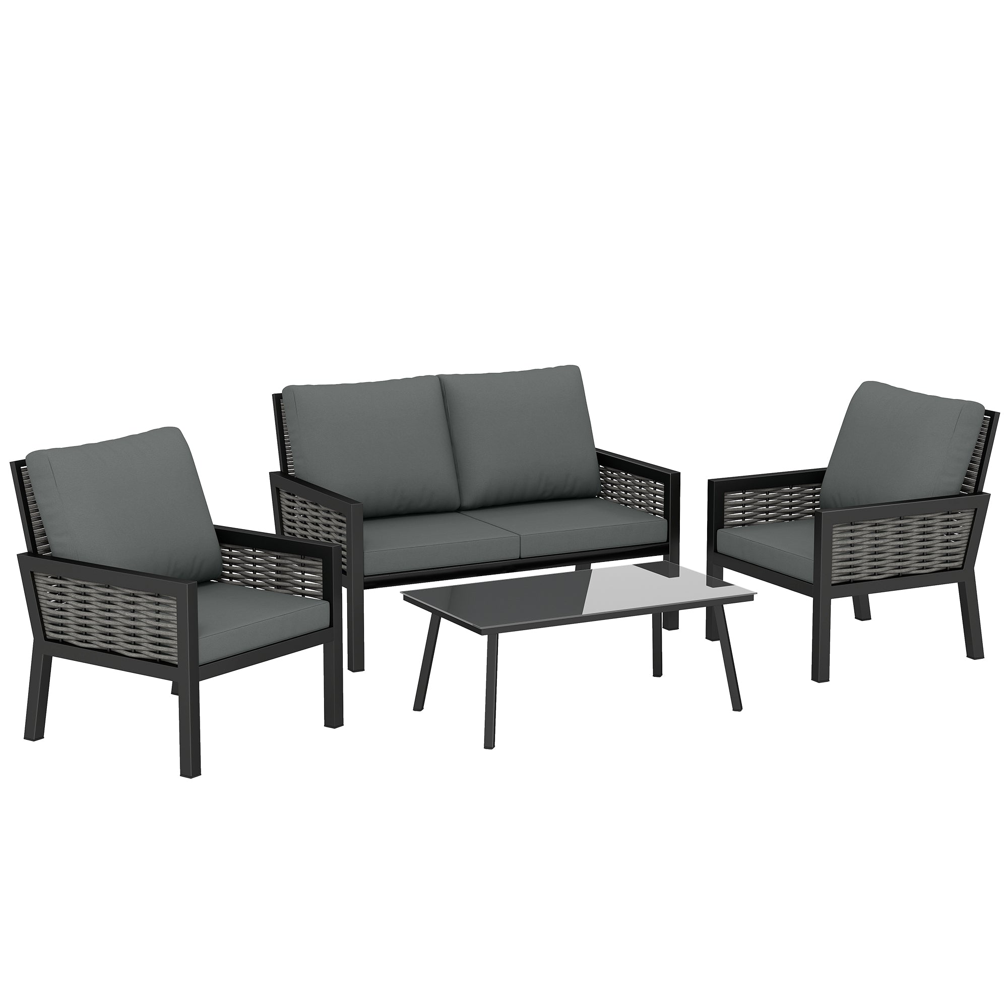 Outsunny 4 Seater Rattan Garden Furniture Set with 2 Armchairs, Loveseat, Coffee Table, Garden Sofa Set with Cushions, Dark Grey 