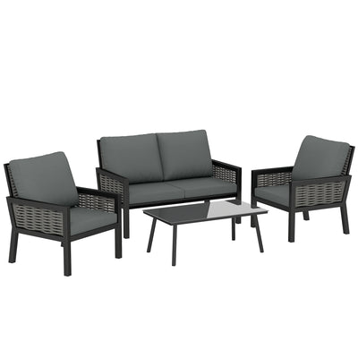 Outsunny 4 Seater Rattan Garden Furniture Set with 2 Armchairs, Loveseat, Coffee Table, Garden Sofa Set with Cushions, Dark Grey 