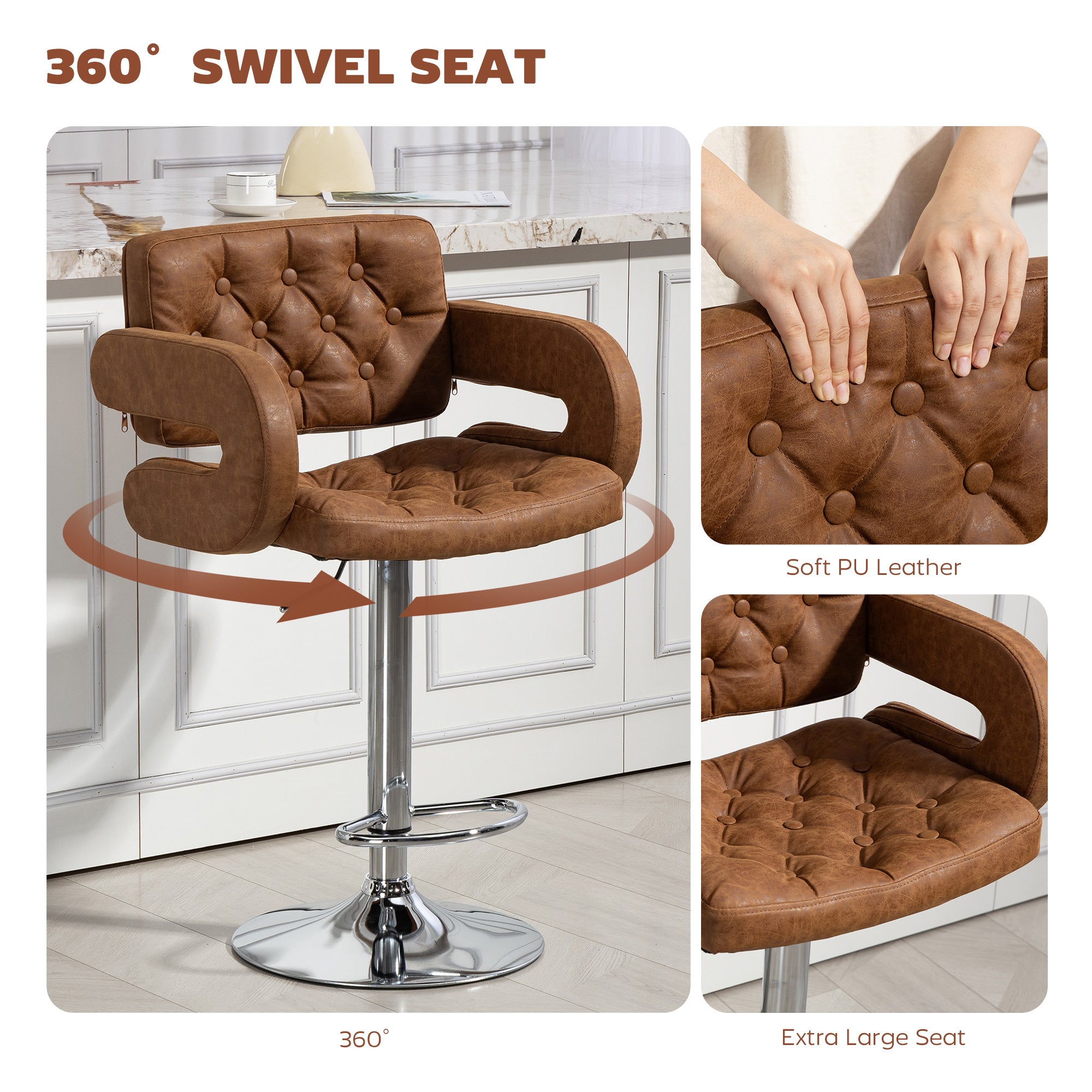HOMCOM PU Leather Upholstered Swivel Bar Stool, Height Adjustable with Back, Armrest, Footrest, Brown 