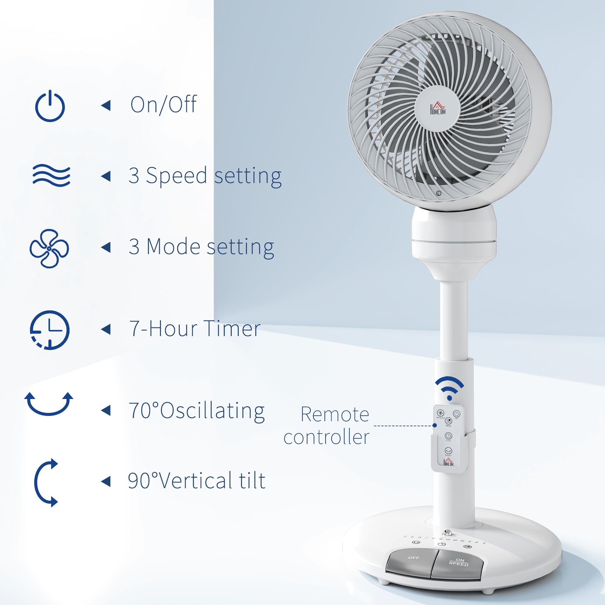 HOMCOM 9'' Air Circulator Fan 3 Speed 3 Mode, 70\'c2\'b0 Oscillation 90\'c2\'b0 Vertical Tilt, Height Adjustable, Remote Controller, for Living Room, Bedroom, Office, White