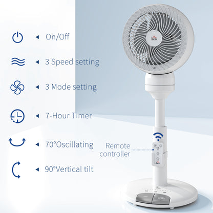 HOMCOM 9'' Air Circulator Fan 3 Speed 3 Mode, 70\'c2\'b0 Oscillation 90\'c2\'b0 Vertical Tilt, Height Adjustable, Remote Controller, for Living Room, Bedroom, Office, White