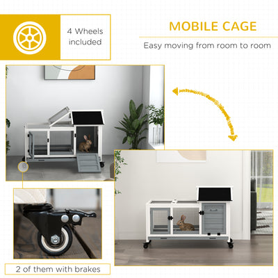 PawHut Wooden Rabbit Hutch, Guinea Pig Cage, with Removable Tray, Wheels - Grey 