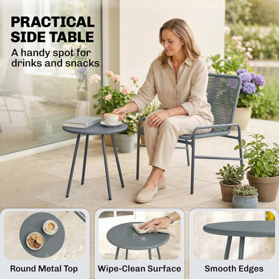 Outsunny 3 Piece Rattan Bistro Set, Outdoor Garden Furniture Set with 2 Chairs, Round Coffee Table for Patio, Balcony, Dark Grey 