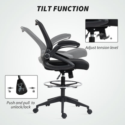 Vinsetto Drafting Chair with Flip-up Armrest, Mesh Office Stool with Foot Ring, 360° Swivel Height Adjustable Chair for Standing Desk, Black 