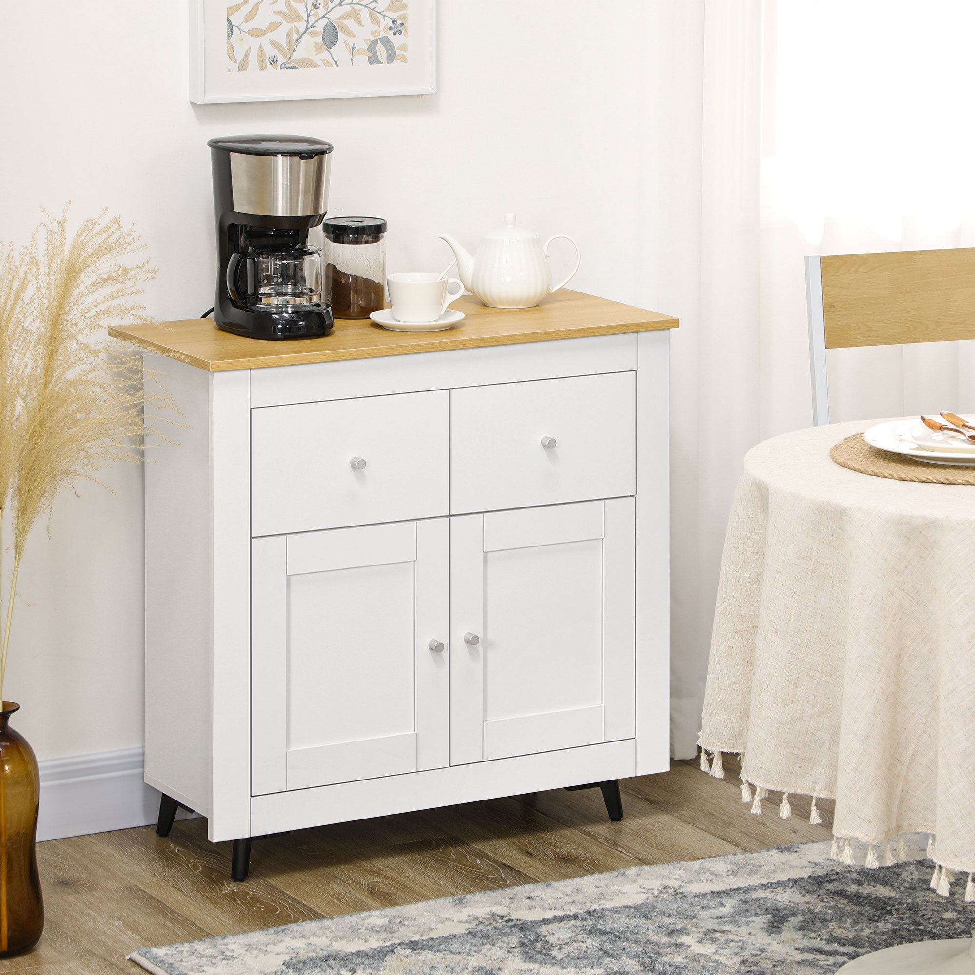 HOMCOM Sideboard Storage Cabinet, Modern Kitchen Cupboard with Double Doors and Drawers for Dining Room, Living Room and Entryway, White 