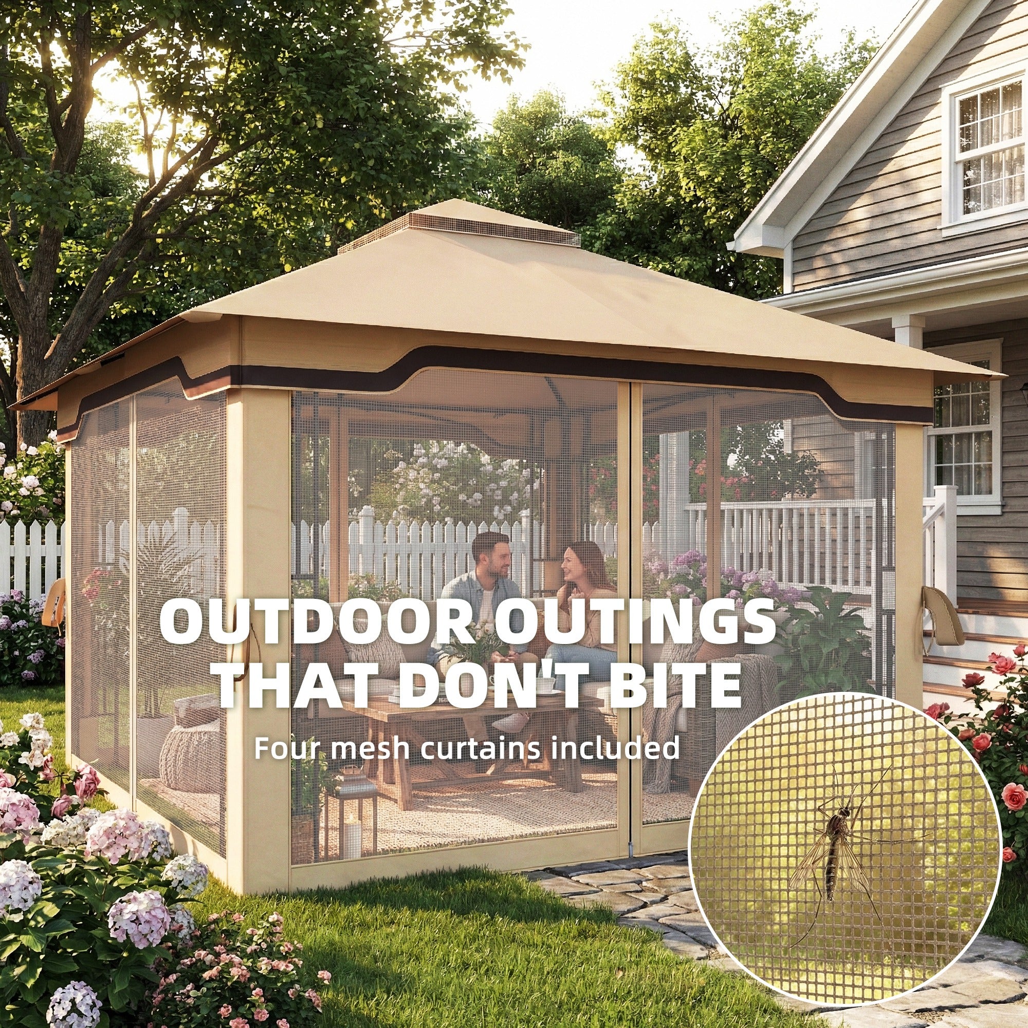 Outsunny 3.3 x 3.3 m Outdoor Garden Gazebo with Post Shelves, UPF50+ Patio Permanent Pavilion with Hook, Khaki 