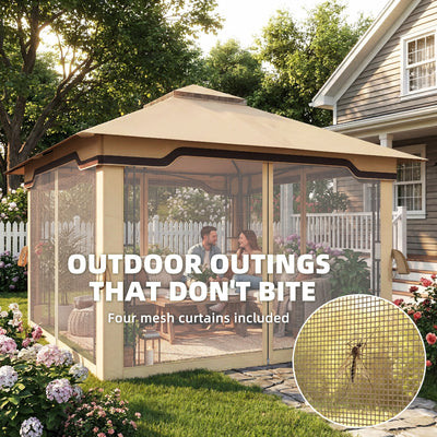 Outsunny 3.3 x 3.3 m Outdoor Garden Gazebo with Post Shelves, UPF50+ Patio Permanent Pavilion with Hook, Khaki 
