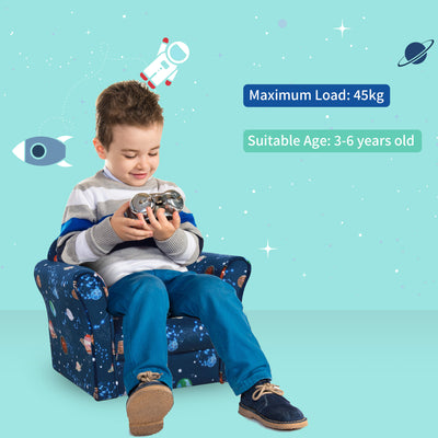 HOMCOM Kids Planet-Themed Armchair, with Non-Slip Feet, Wooden Frame - Blue 