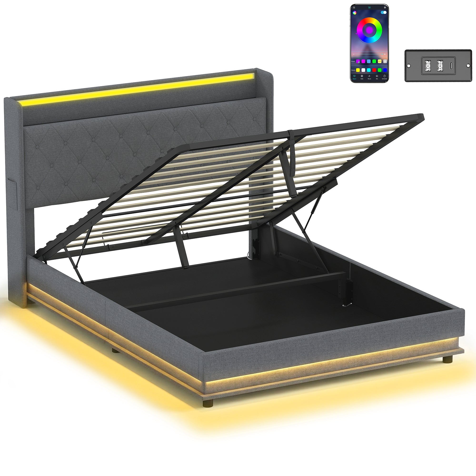 HOMCOM 5ft King Bed Frame with Headboard, Platform Bed Frame with Hydraulic Storage, LED Lights and Charging Station, Grey 