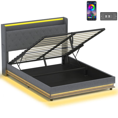 HOMCOM 5ft King Bed Frame with Headboard, Platform Bed Frame with Hydraulic Storage, LED Lights and Charging Station, Grey 