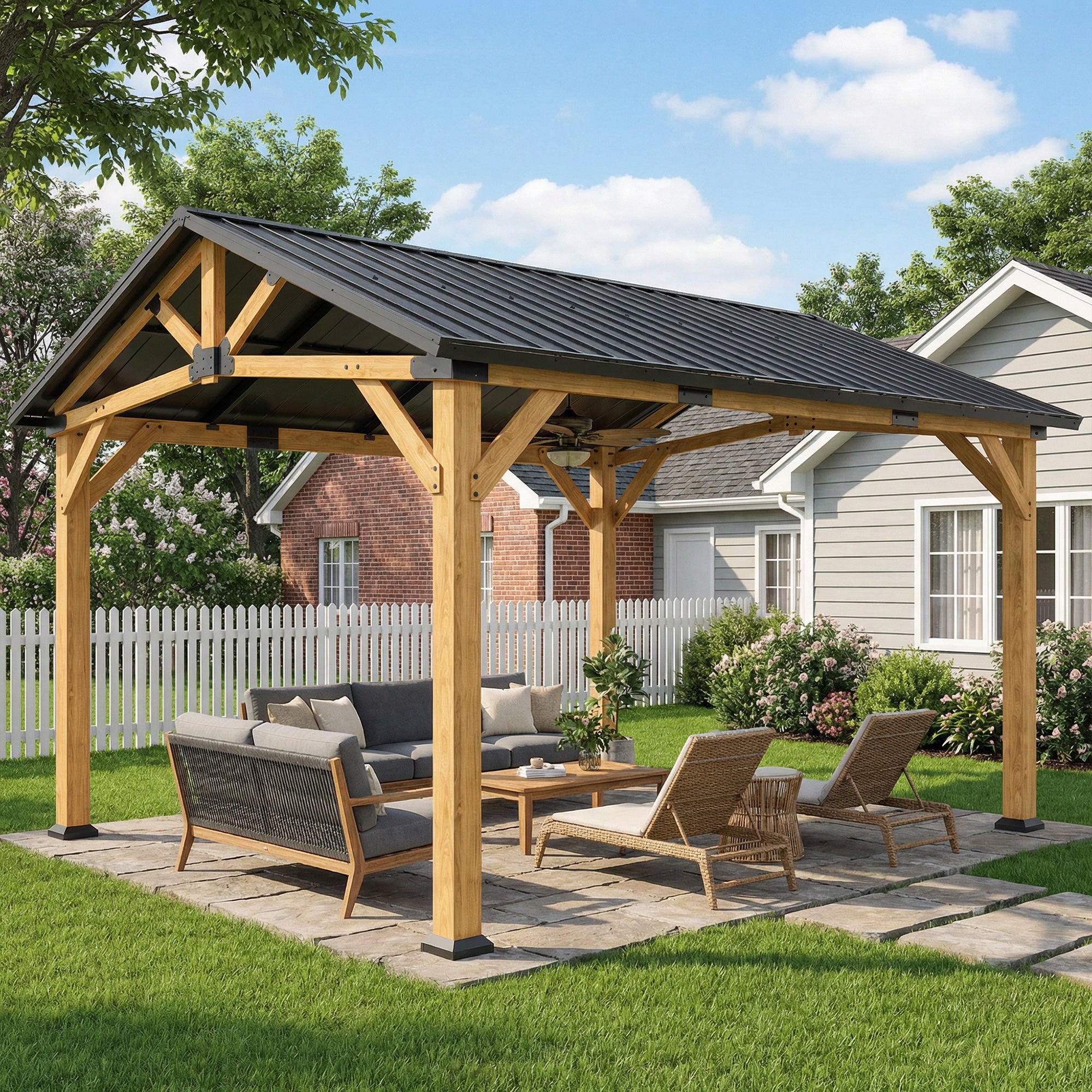 Outsunny 3.5 x 4 m Hardtop Gazebo Canopy with Galvanised Metal Roof, Fir Wood Frame and Hook for Patio, Garden, Black Grey 