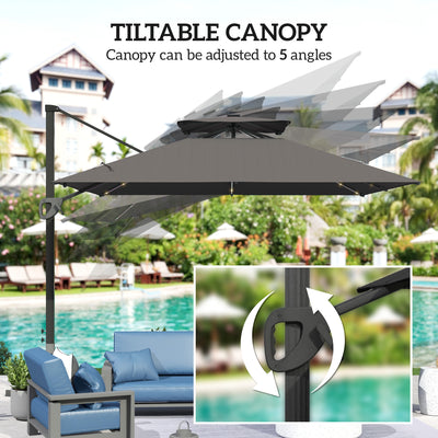 Outsunny 3.5x3 m Garden Cantilever Parasol with Solar LED Lights and Centre Light, Aluminium Large Square Patio Umbrella, UPF50+ Hanging Sun Shade with Cross Base, Crank Handle and Tilt, Grey 