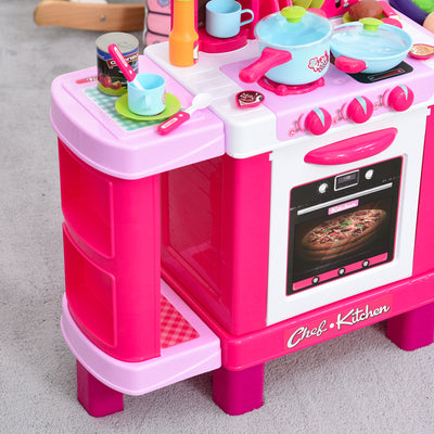 HOMCOM 38 Pcs Kids Children Kitchen Play Set w/ Realistic Sounds Lights Food Utensils Pots Pans Appliances Toy Game Pink 