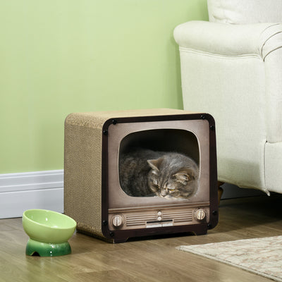 PawHut 2 in 1 TV Shape Cat Scratching Board House with Catnip, for Indoor Cats, Brown 