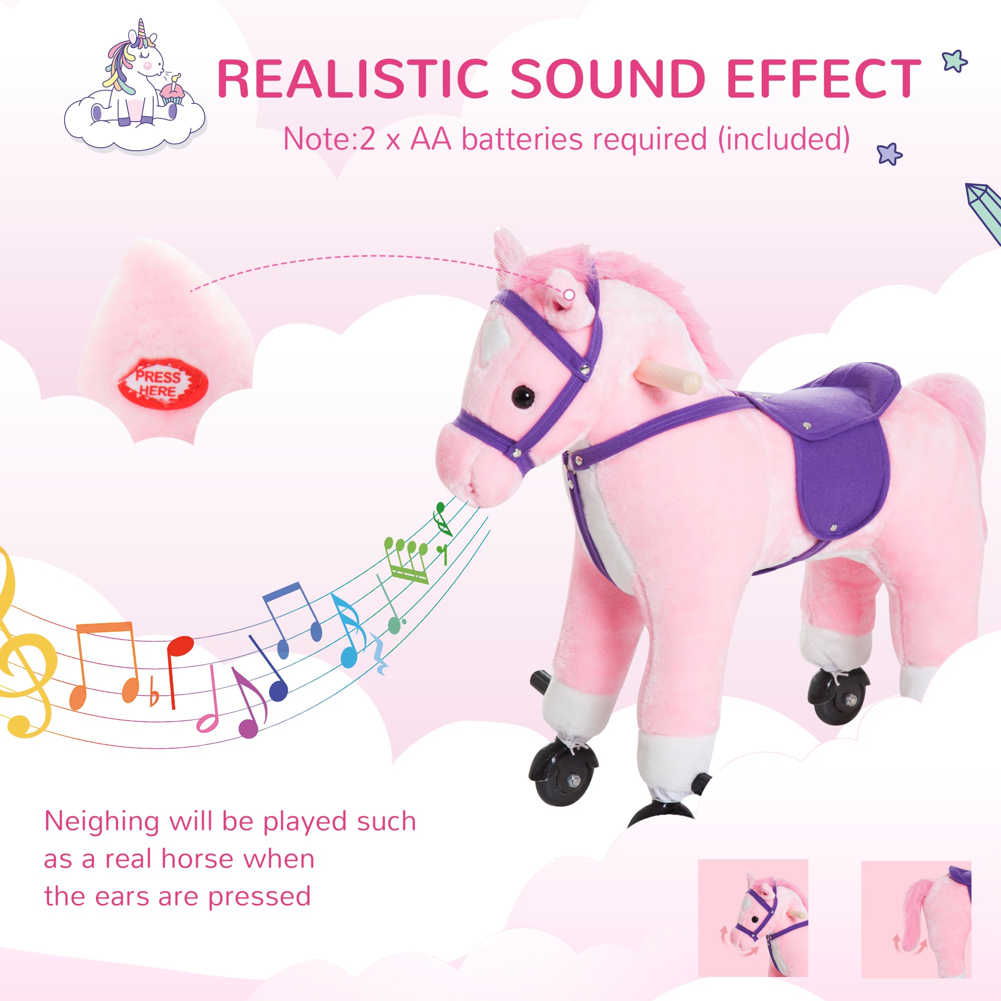 HOMCOM Rocking Horse Kids Ride on Walking Horse Animal Pony Wheeled Riding Plush Toy w/Sound for 3 Years and Up (Pink) 