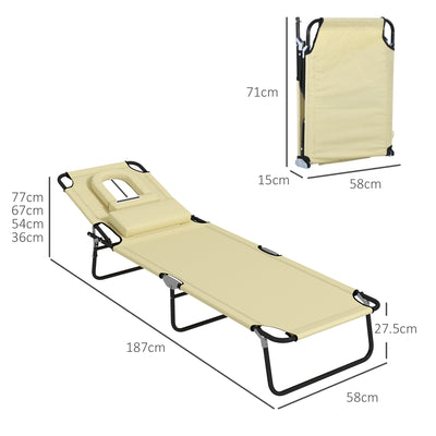 Outsunny Outdoor Foldable Sun Lounger Set of 2, 4 Level Adjustable Backrest Reclining Sun Lounger Chair with Pillow and Reading Hole, Beige 