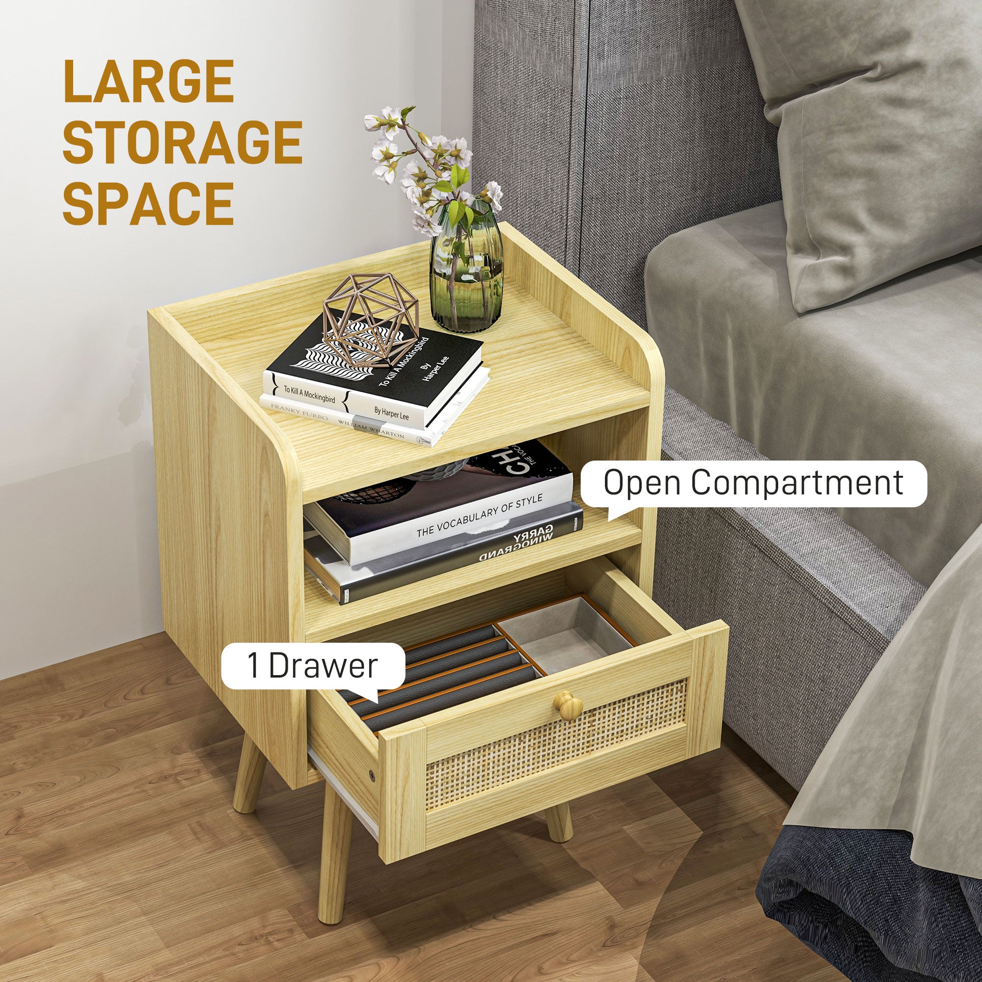 HOMCOM Set of Two Rattan Weave Bedside Tables - Wood Effect 