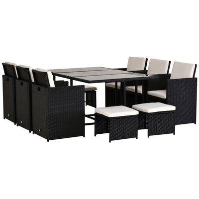Outsunny Rattan Dining Set Garden Furniture Patio set 11 PC with Cushion Black /Milk White 