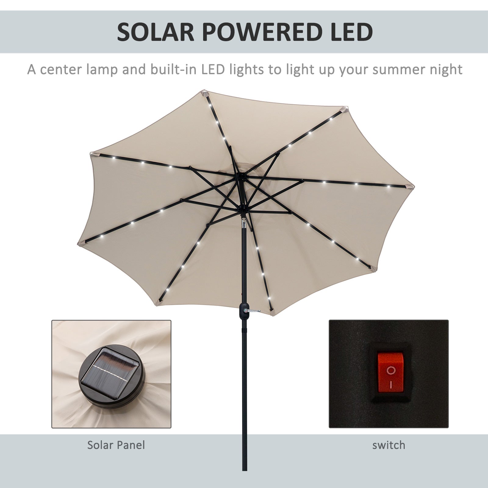 Outsunny 2.7m Patio Garden Umbrella Outdoor Parasol with Tilt Crank and 24 LEDs Lights (Cream) 