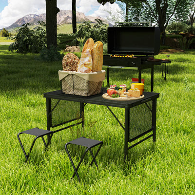 Outsunny Folding Grill Table, 4.5ft Portable Camping Table with 2 Wing Panels, Height Adjustable Metal Picnic Table for Camping, Picnic and BBQ, Black 