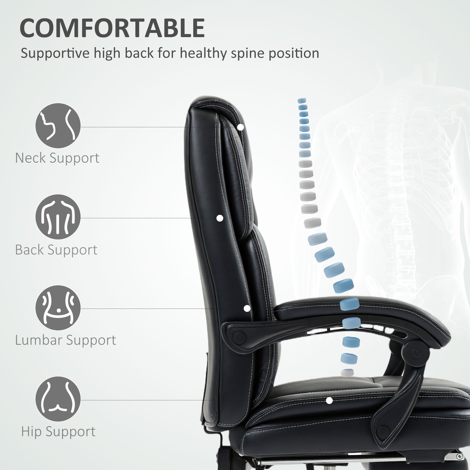 HOMCOM Faux Leather Reclining Office Chair, with Footrest - Black 