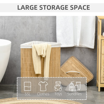 HOMCOM Bamboo Laundry Basket with Lid, 55 Litres Laundry Hamper with Removable Washable Lining,  Corner Washing Baskets, 38 x 38 x 57cm, Natural 