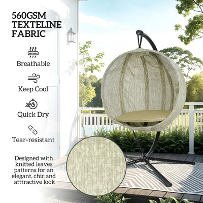 Outsunny Hanging Egg Chair Outdoor Indoor Garden Swing Chair with Folding Basket, Garden Hanging Chair with Stand, Thickened Cushion, Cup Holder for Patio, Balcony, Khaki 