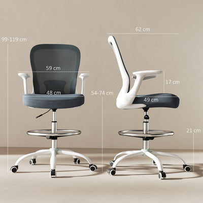 HOMCOM Draughtsman Chair, Mesh Drafting Chair, Ergonomic Office Chair with Flip-up Armrest, Adjustable Foot Ring, Grey 