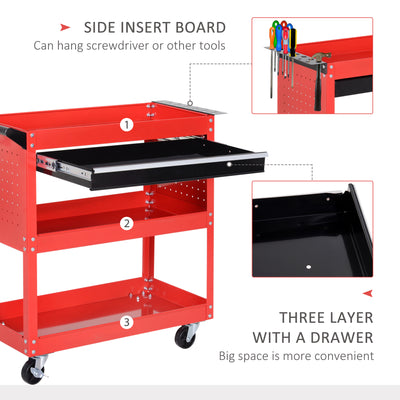 DURHAND 3-Tier Tool Trolley Cart Storage Shelf Roller Cabinet DIY Box Garage Workshop with Drawer Red 