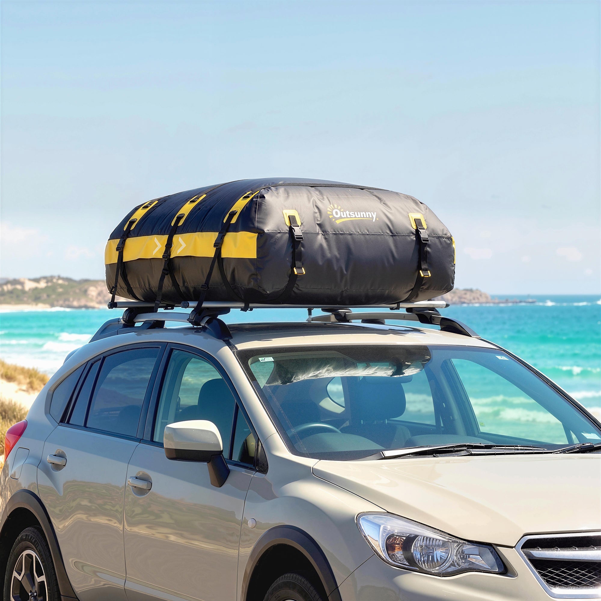 Outsunny Car Roof Bag, 21 Cubic Feet Waterproof Soft Car Roof Box Roofing Cargo Carrier w/ Reflective Arrows, Door Hooks, Yellow 