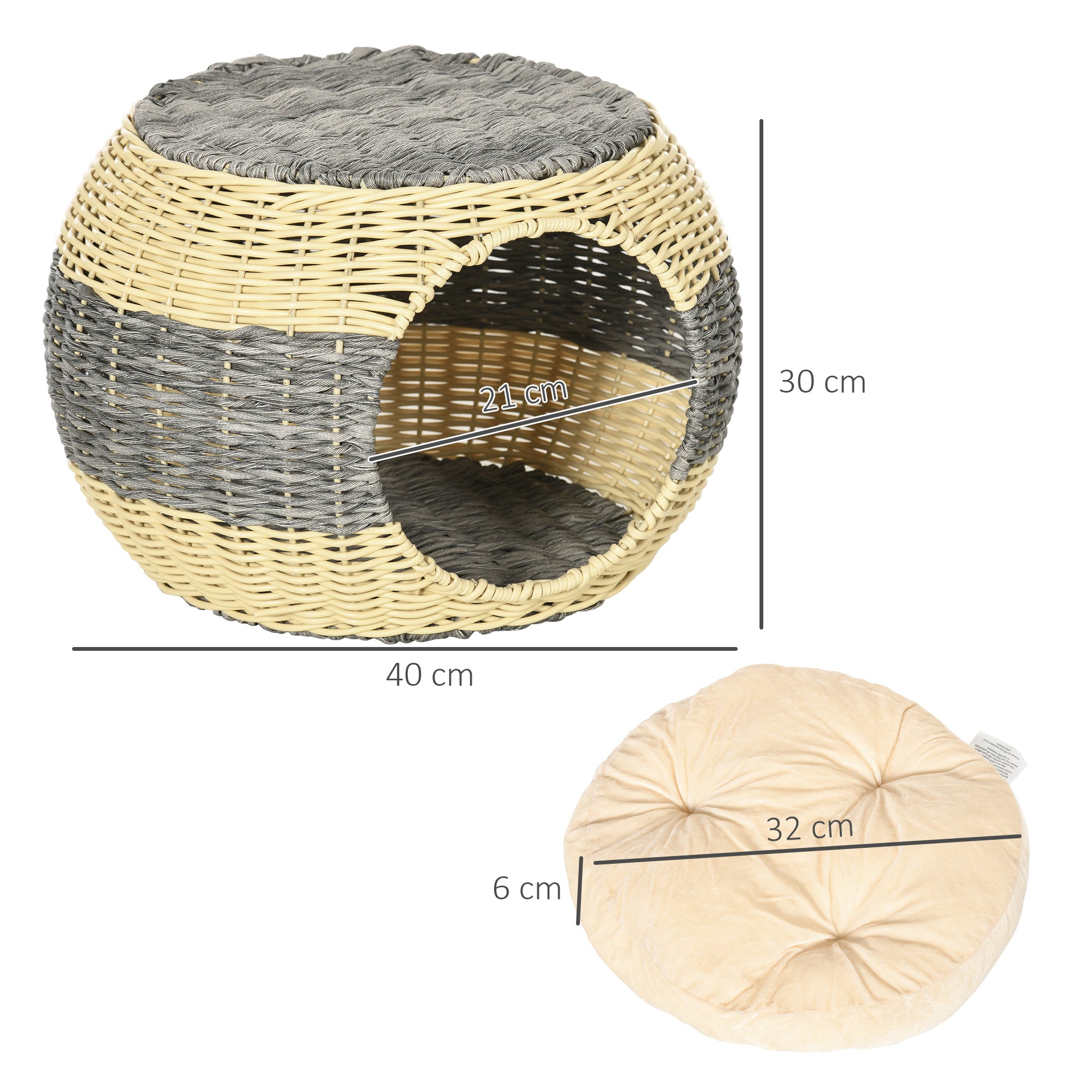 PawHut Wicker Cat House, Rattan Raised Cat Bed, Cosy Kitten Cave with Soft Washable Cushion, \'ce\'a640 x 30cm