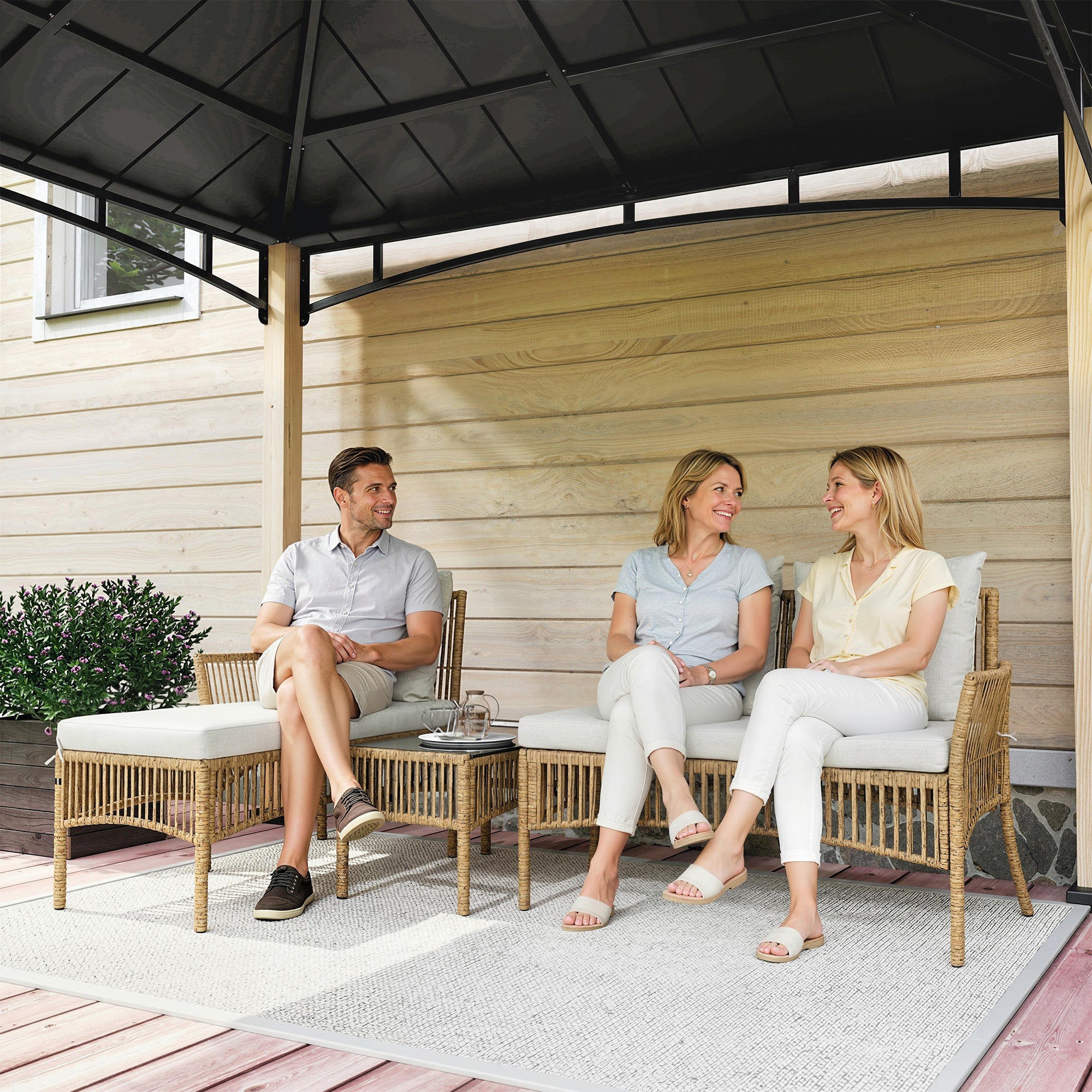 Outsunny 3 Piece Rattan Garden Furniture Corner Sofa Set with Chaise Lounge, Loveseat, Glass Coffee Table, Cushions, Natural Wood 