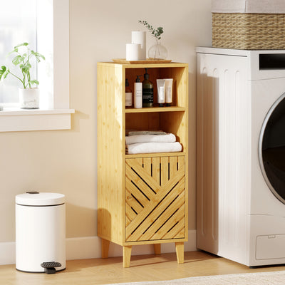 HOMCOM Slim Bathroom Cabinet with Bamboo Door and Legs, Narrow Bathroom Storage Cabinet, Freestanding Storage Cupboard with Open Compartments, 32 x 30 x 90 cm, Natural Wood Finish 