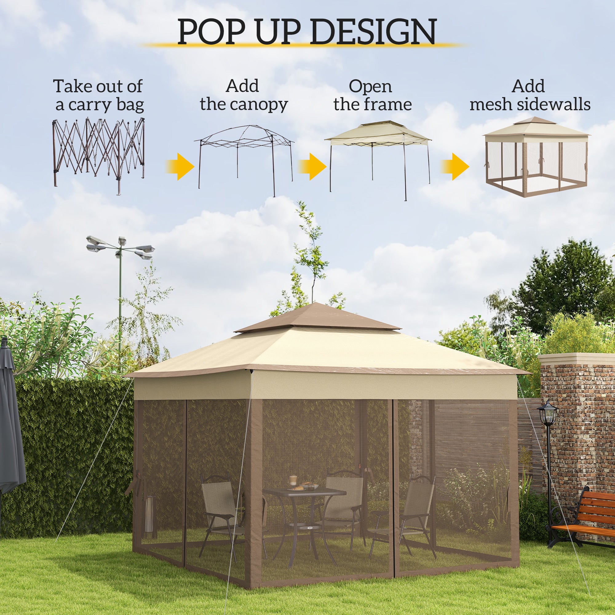 Outsunny 3 x 3(m) Pop Up Gazebo, Marquee Party Tent with Double Tier Roof, Netting and Carry Bag, Event Shelter for Outdoor Patio, Khaki 